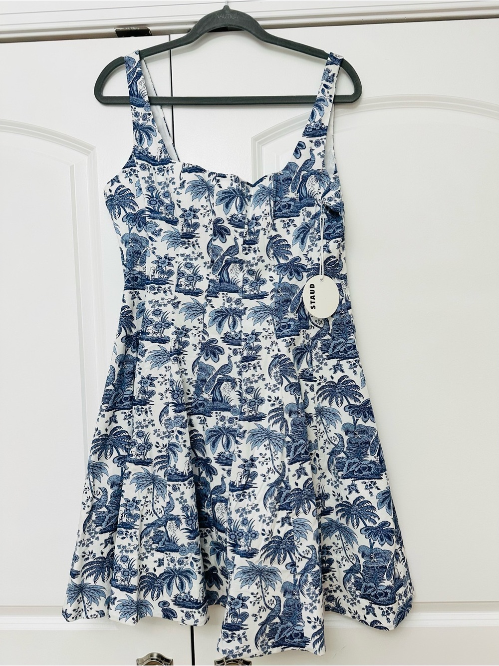 STAUD Blue and White Toile Mini Wells Dress